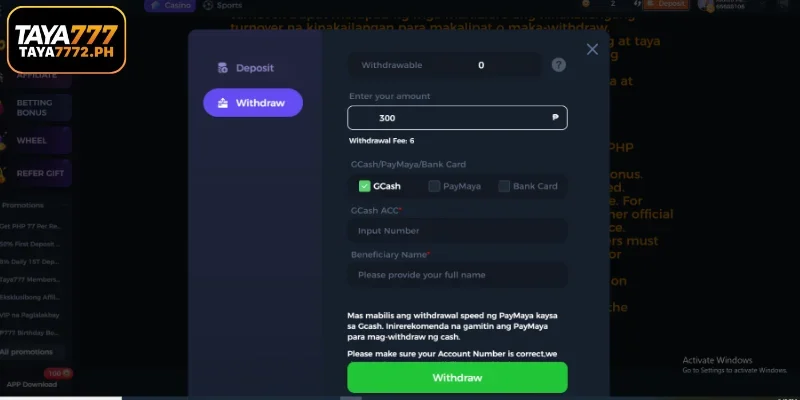 Log in to TAYA777, select withdraw, and enter the withdrawal amount