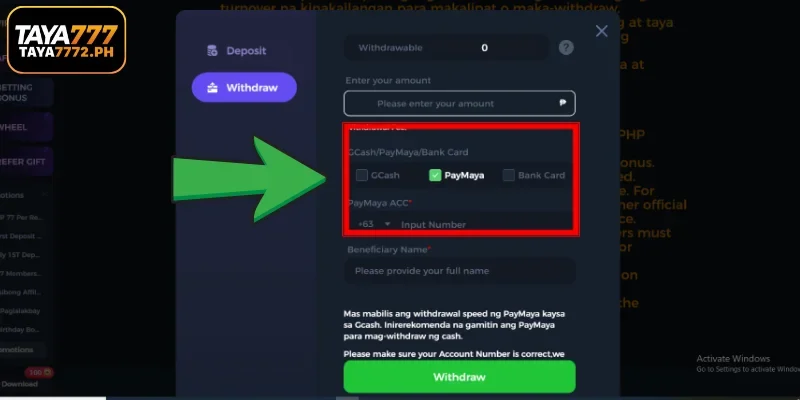 Select the transaction methods provided by TAYA777